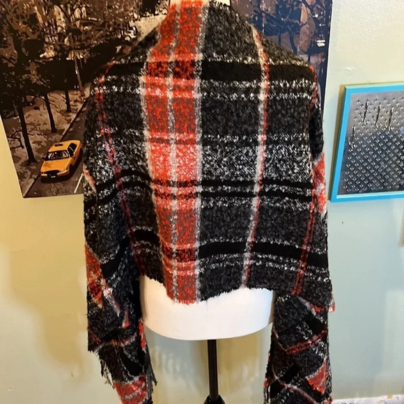 Red/Gray/Black Plaid super soft long oversized blanket scarf fringe trim - Picture 5 of 15